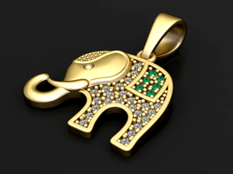 Gold Elephant Pendant with Green Gemstones 3D Model