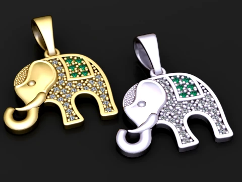 Gold Elephant Pendant with Green Gemstones 3D Model