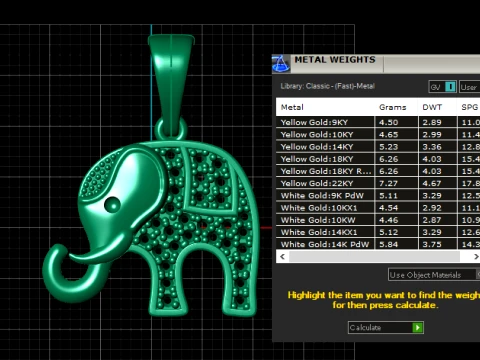 Gold Elephant Pendant with Green Gemstones 3D Model