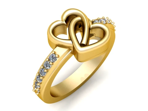 Double Heart Gold Diamond Ring 3D Jewelry Model 3Dモデル
