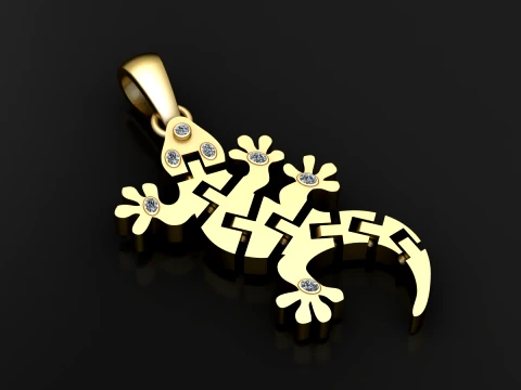 Gold Gecko Lizard Diamond Pendant 3D Model
