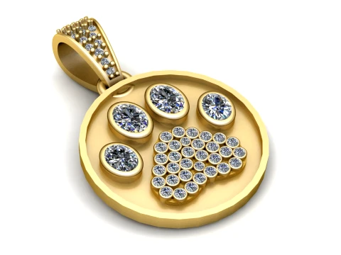 Gold and Silver Diamond Paw Print Pendant 3Dモデル