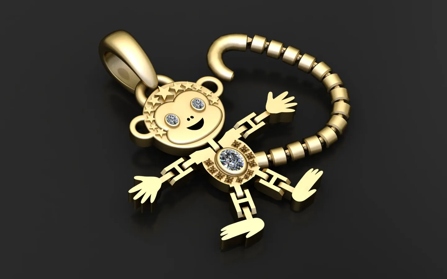 Cute Gold Monkey Diamond Pendant 3D Model .c4d .max .obj .3ds .fbx .stl .blend