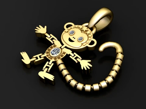 Cute Gold Monkey Diamond Pendant 3D Model