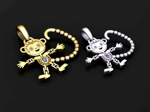 Cute Gold Monkey Diamond Pendant 3D Model