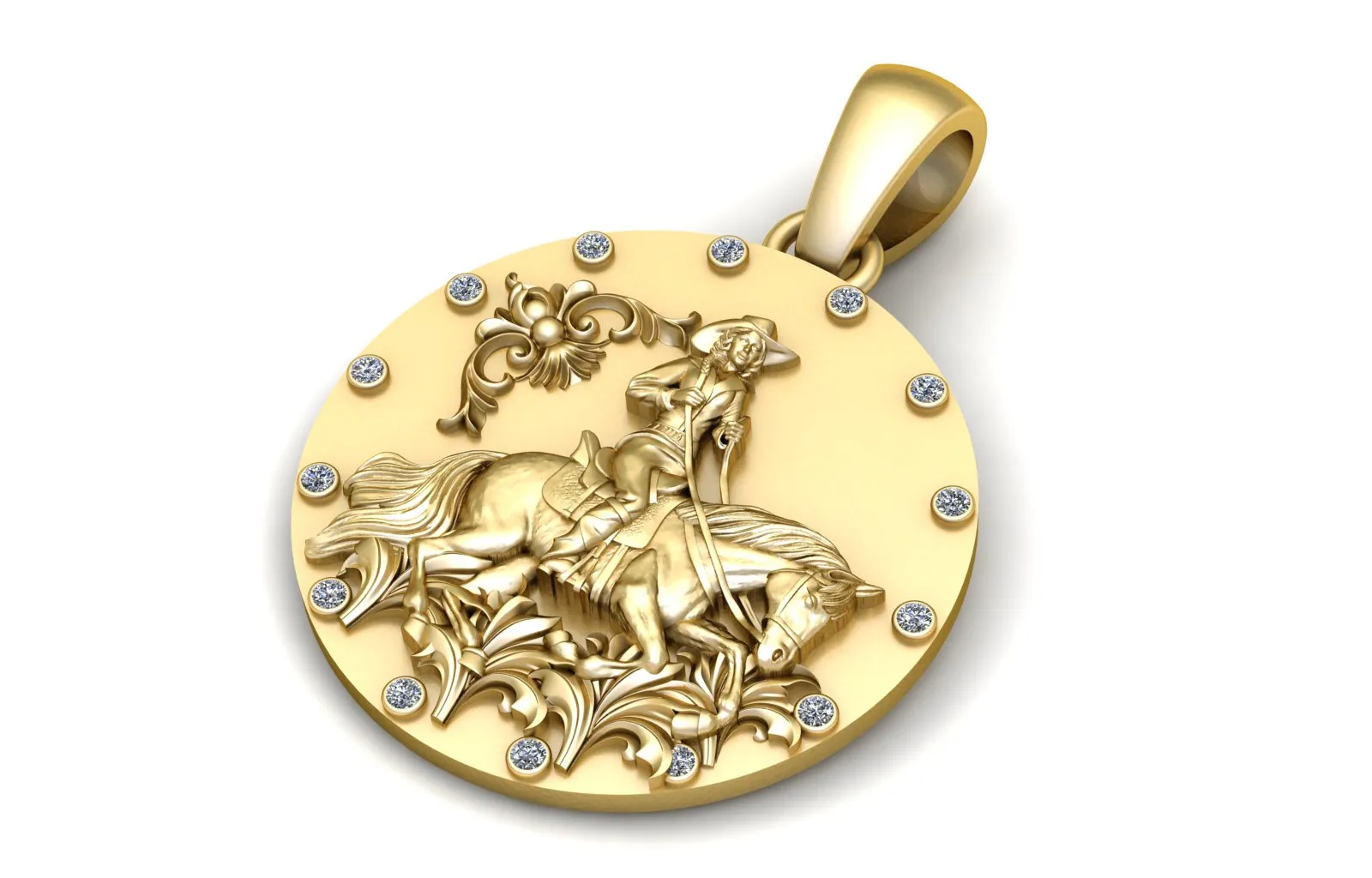 Gold Cowboy Horse Rider Pendant with Diamond Accents 3D Printable Jewelry Model 3D Model .c4d .max .obj .3ds .fbx .stl .blend 