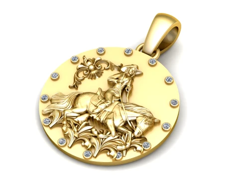 Gold Cowboy Horse Rider Pendant with Diamond Accents 3D Printable Jewelry Model Model 3D