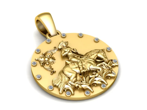 Gold Cowboy Horse Rider Pendant with Diamond Accents 3D Printable Jewelry Model 3D Model