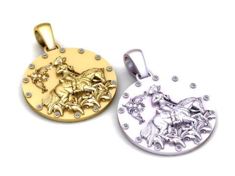 Gold Cowboy Horse Rider Pendant with Diamond Accents 3D Printable Jewelry Model 3D Model