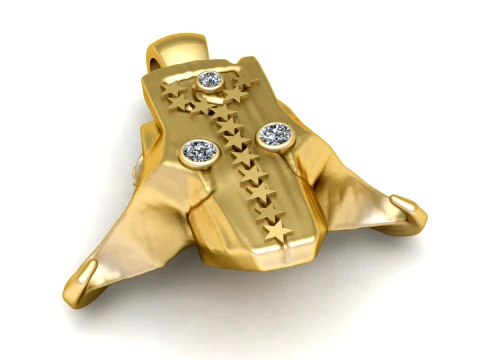Gold Hamsa Hand Pendant with Stars and Diamond Accents 3D Model