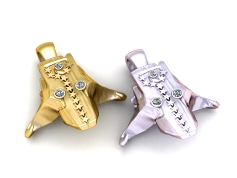 Gold Hamsa Hand Pendant with Stars and Diamond Accents 3D Model