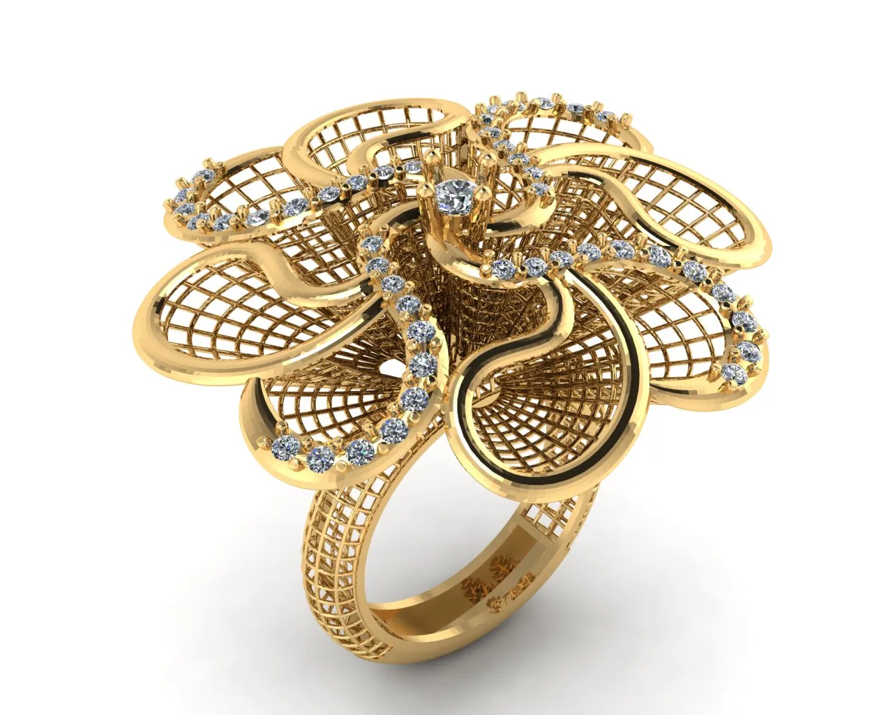 Luxury Floral Gold Ring with Diamond-Studded Petals 3D Printable Jewelry Model 3D Model .c4d .max .obj .3ds .fbx .stl .blend