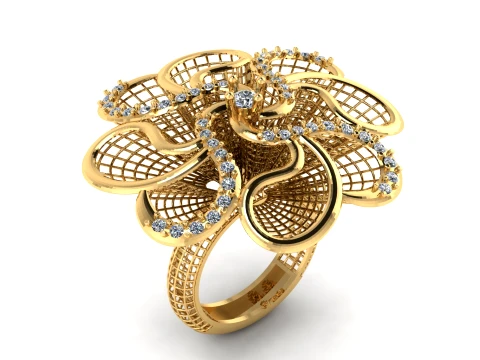 Luxury Floral Gold Ring with Diamond-Studded Petals 3D Printable Jewelry Model 3Dモデル