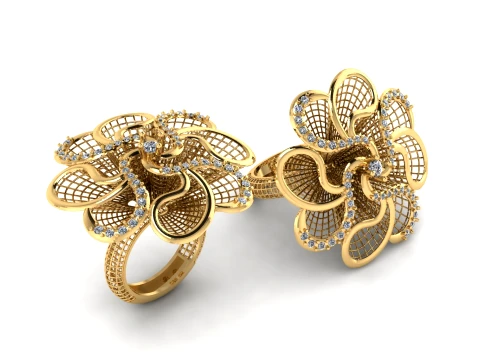 Luxury Floral Gold Ring with Diamond-Studded Petals 3D Printable Jewelry Model 3D Model