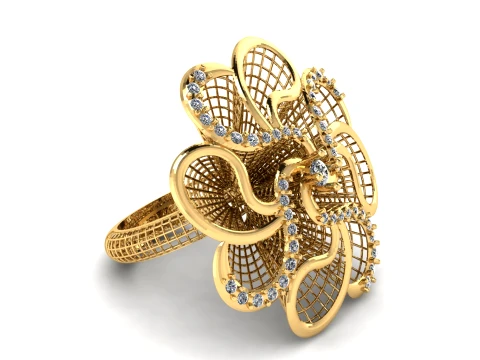 Luxury Floral Gold Ring with Diamond-Studded Petals 3D Printable Jewelry Model 3D Model