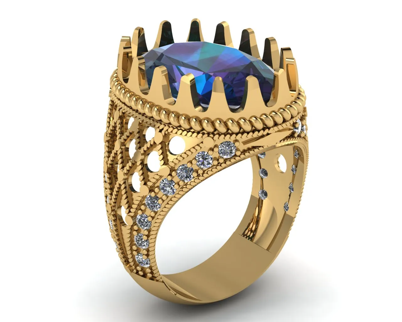 Luxury Blue Sapphire Gold Ring with Diamond-Studded Vintage Design 3D Printable Jewelry Model 3D Model .c4d .max .obj .3ds .fbx .stl .blend 