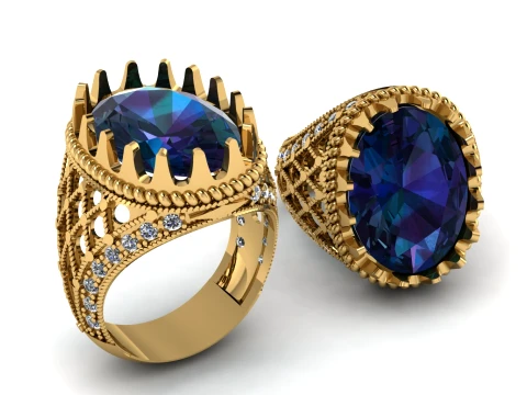 Luxury Blue Sapphire Gold Ring with Diamond-Studded Vintage Design 3D Printable Jewelry Model 3D Model