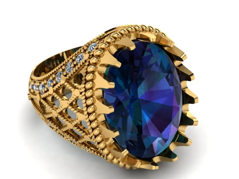 Luxury Blue Sapphire Gold Ring with Diamond-Studded Vintage Design 3D Printable Jewelry Model 3D Model