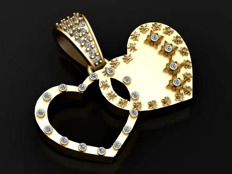 Luxury Gold Double Heart Pendant with Diamond Accents 3Dモデル