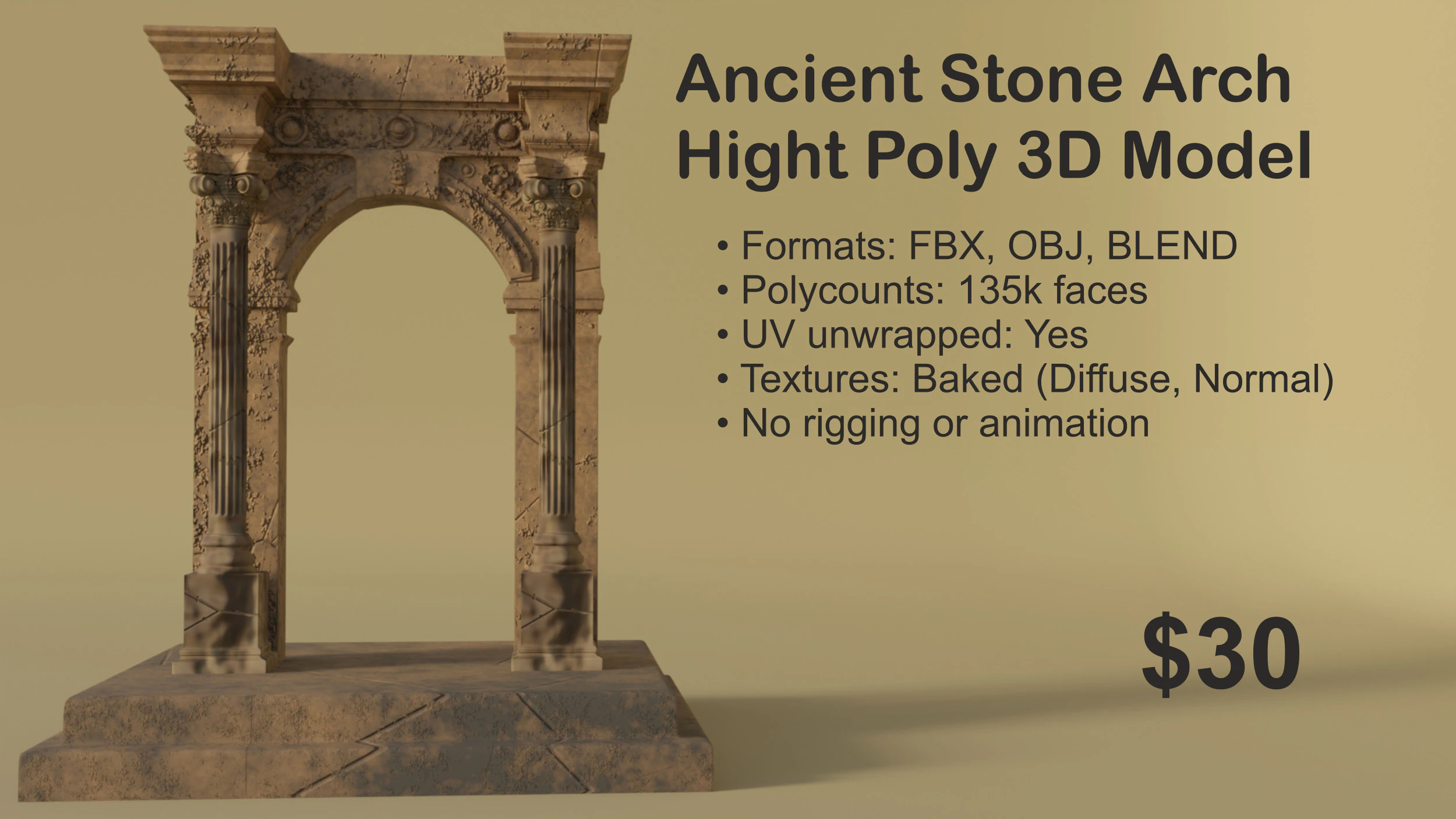 Ancient Stone Arch High Poly with Baked Textures 3D Model .c4d .max .obj .3ds .fbx .stl .blend 