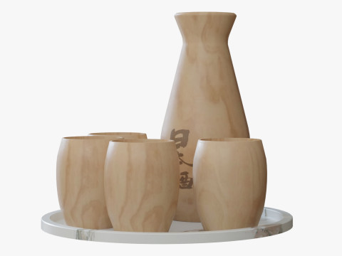 Wooden Sake Set 3D Model