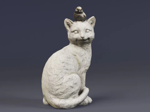 Statue de chat num&eacute;ris&eacute;e en 3D avec un oiseau Modèle 3D