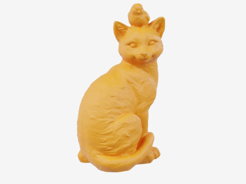 3D Scanned Cat Statue With A Bird Model 3D