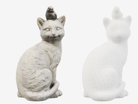 3D Scanned Cat Statue With A Bird Model 3D