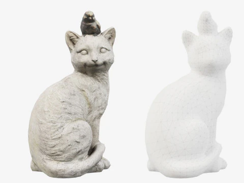 Statue de chat num&eacute;ris&eacute;e en 3D avec un oiseau Modèle 3D