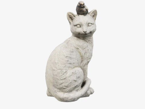 Statue de chat num&eacute;ris&eacute;e en 3D avec un oiseau Modèle 3D