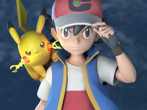 Ash - Satoshi and Pikachu - Pokemon Journeys Figure Ready to Print Model Cetak 3D