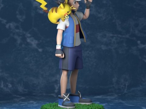 Ash - Satoshi and Pikachu - Pokemon Journeys Figure Ready to Print Model Cetak 3D