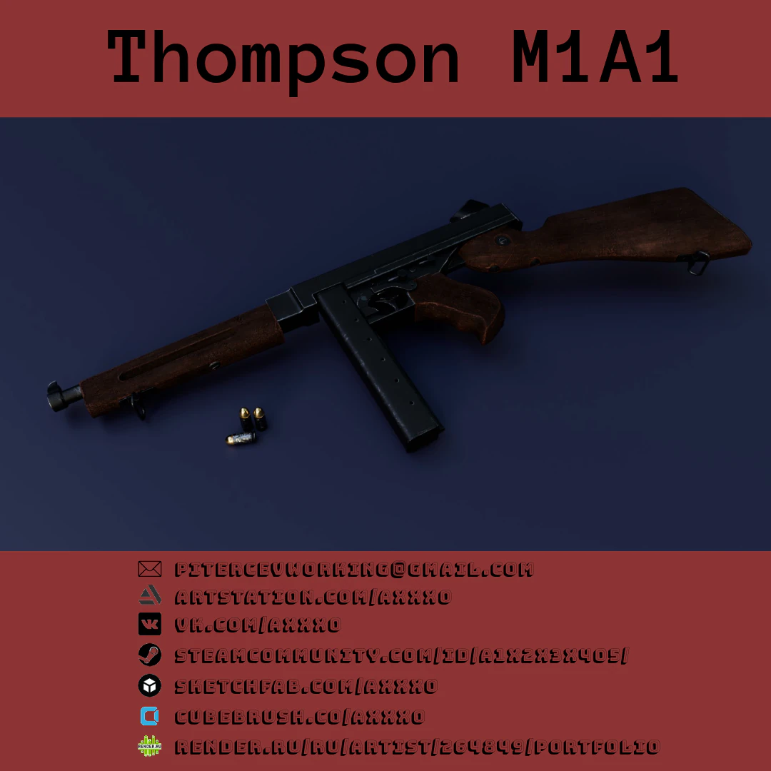 Thompson M1A1 3D Model .c4d .max .obj .3ds .fbx .stl .blend 