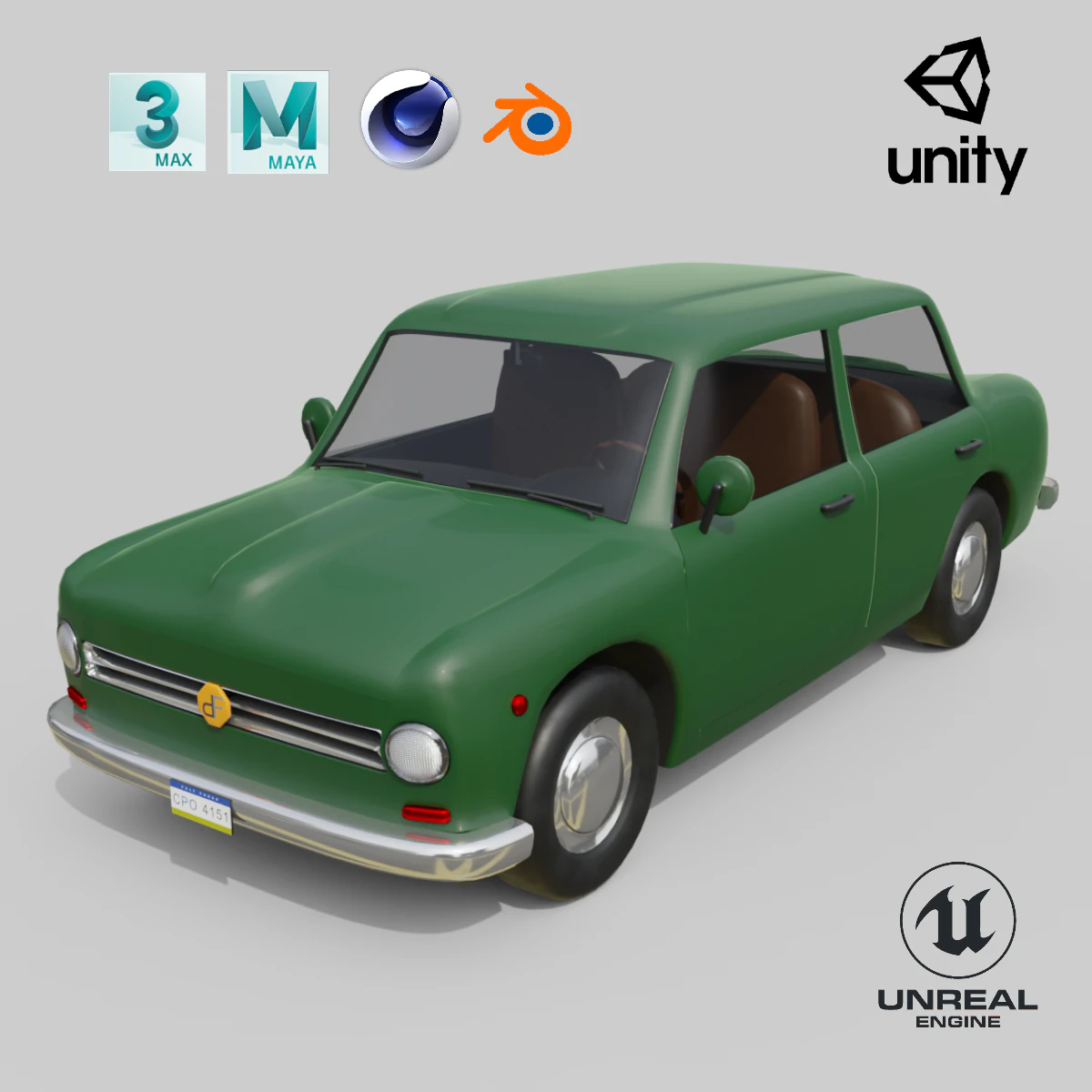 Low-Poly Vintage Sedan Car Game-Ready and Render Asset 3D Model .c4d .max .obj .3ds .fbx .stl .blend 