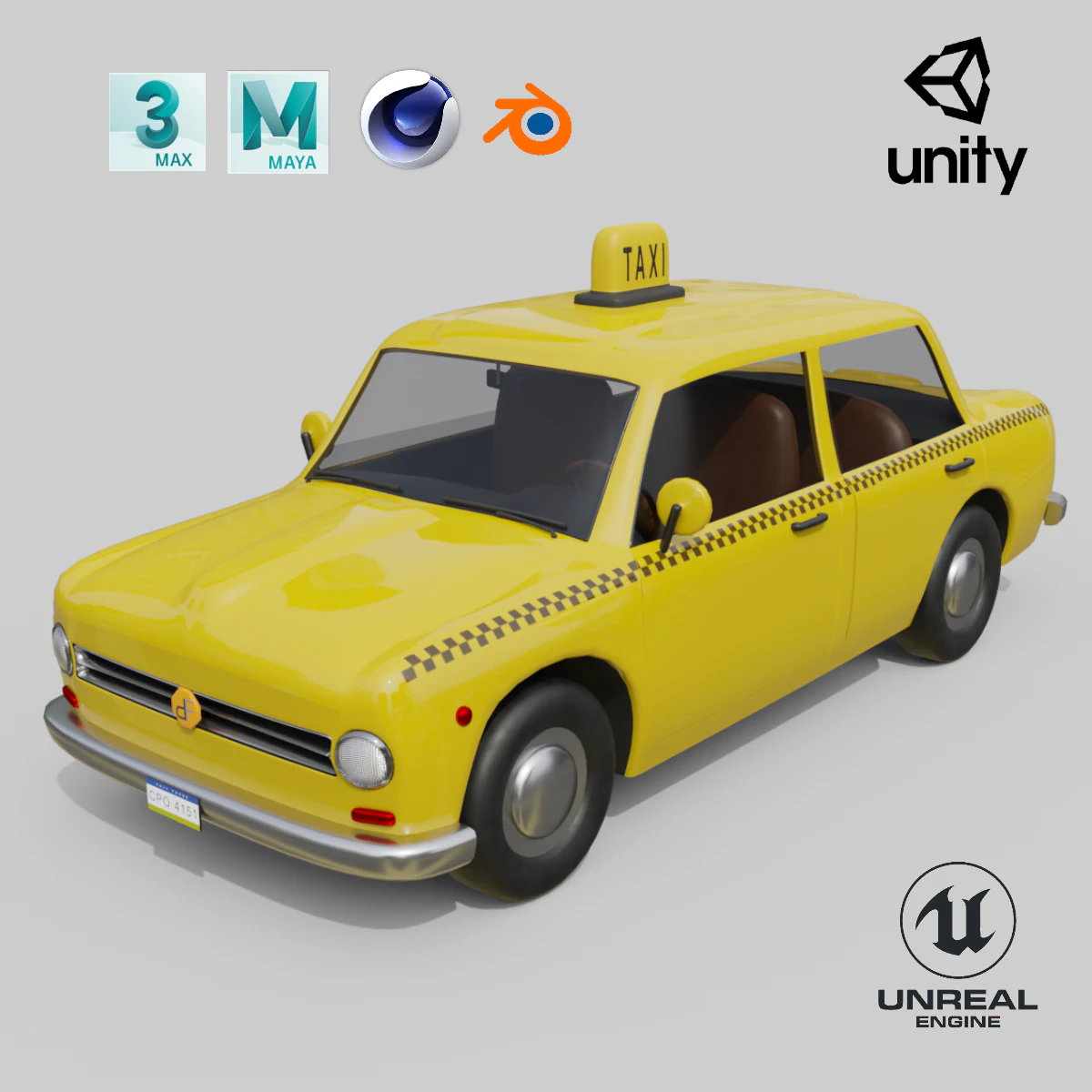 低聚老式出租车游戏就绪和渲染资产 3D 模型 .c4d .max .obj .3ds .fbx .stl .blend 