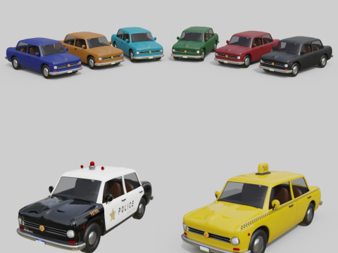 Vintage Sedan Cars Set Game-Ready and Render Asset Collection 3D Model