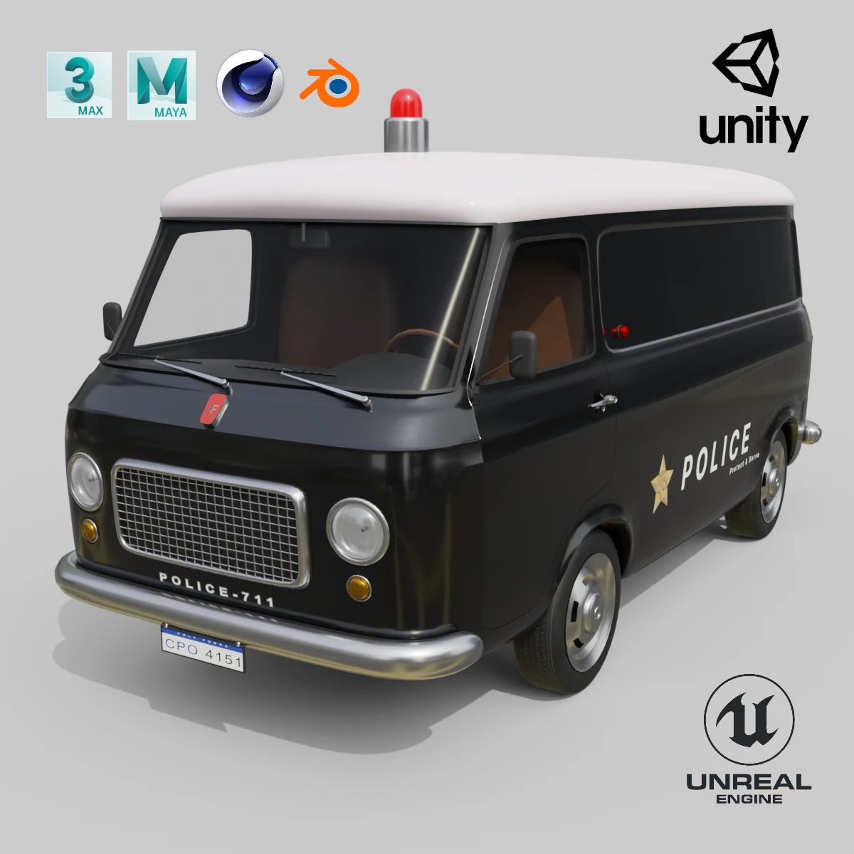 Realistic Vintage Police Van High-Detail Game-Ready Render Asset 3D Model .c4d .max .obj .3ds .fbx .stl .blend