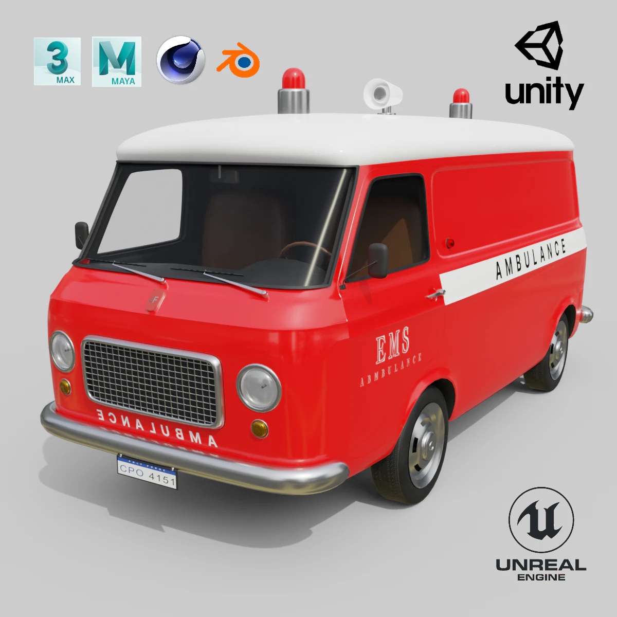 Realistic Vintage Ambulance Van High-Detail Game-Ready Asset 3D Model .c4d .max .obj .3ds .fbx .stl .blend 