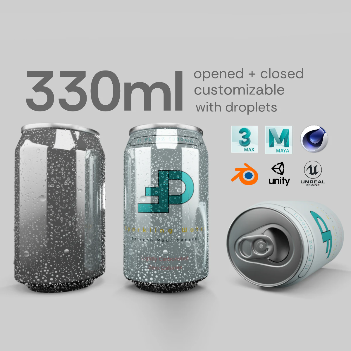 Regular 330ml Beverage Can Open and Closed Tabs with Droplets 3D Model .c4d .max .obj .3ds .fbx .stl .blend 