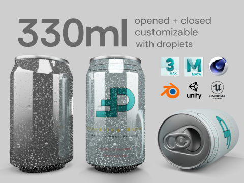 Regular 330ml Beverage Can Open and Closed Tabs with Droplets 3D Модель
