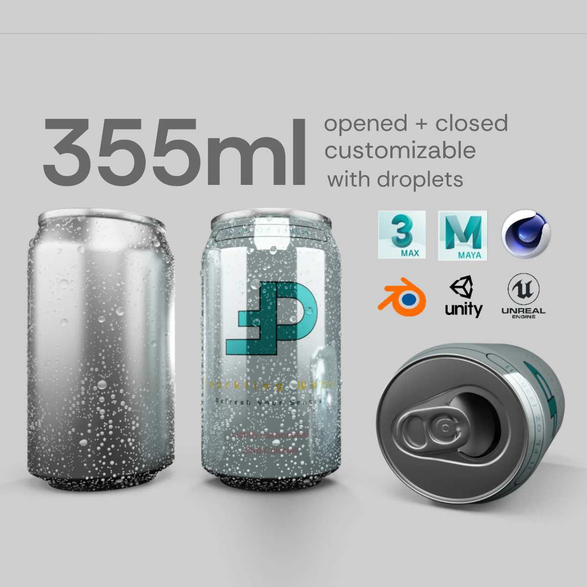 Regular 355ml Beverage Can Open and Closed Tabs with Droplets 3D Model .c4d .max .obj .3ds .fbx .stl .blend 
