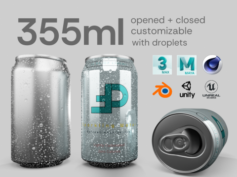 Regular 355ml Beverage Can Open and Closed Tabs with Droplets 3D Модель