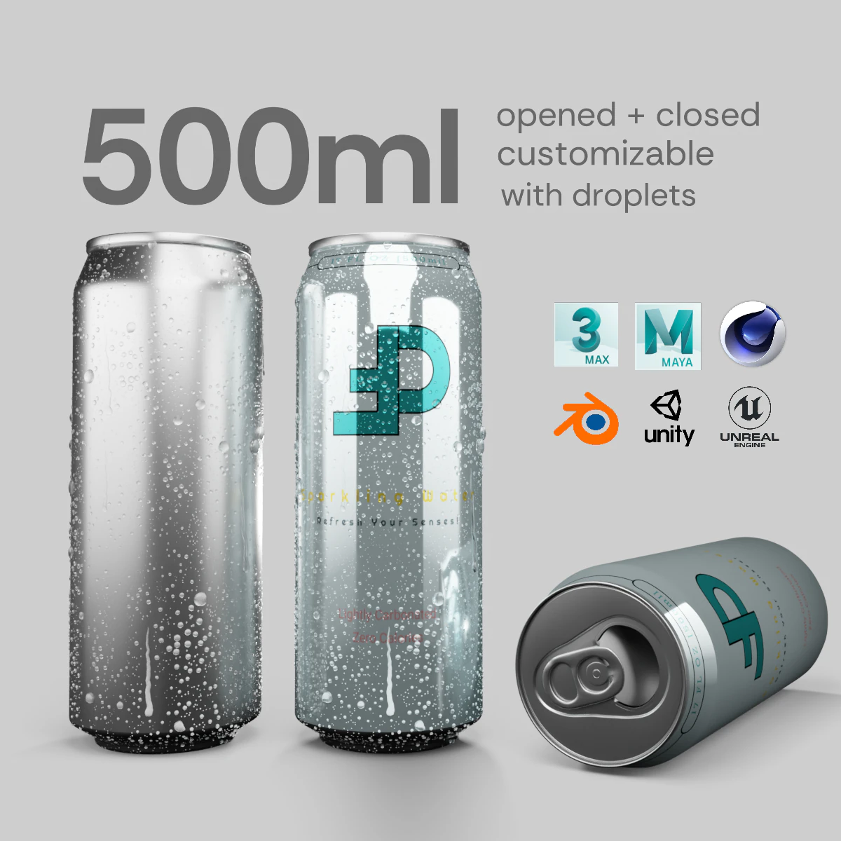 Regular 500ml Beverage Can Open and Closed Tabs with Droplets 3D Model .c4d .max .obj .3ds .fbx .stl .blend 