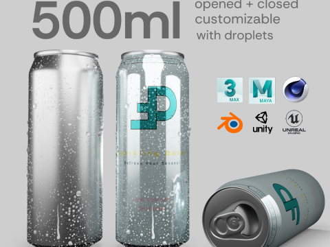 Regular 500ml Beverage Can Open and Closed Tabs with Droplets 3D Модель