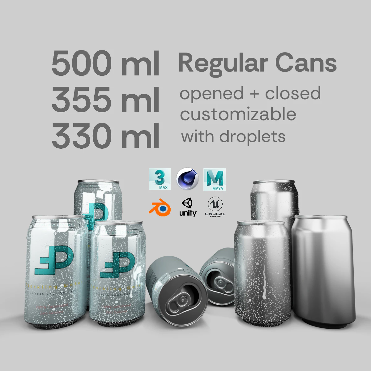 Regular Beverage Cans Set Open and Closed Tabs with Droplets 3D Model .c4d .max .obj .3ds .fbx .stl .blend 