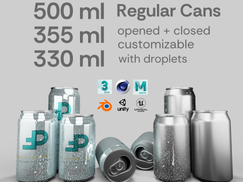 Regular Beverage Cans Set Open and Closed Tabs with Droplets 3D Модель