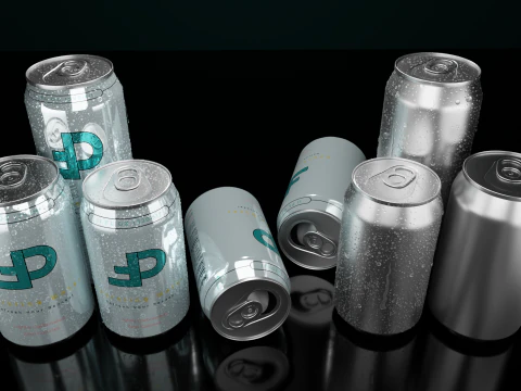 Regular Beverage Cans Set Open and Closed Tabs with Droplets 3D Model