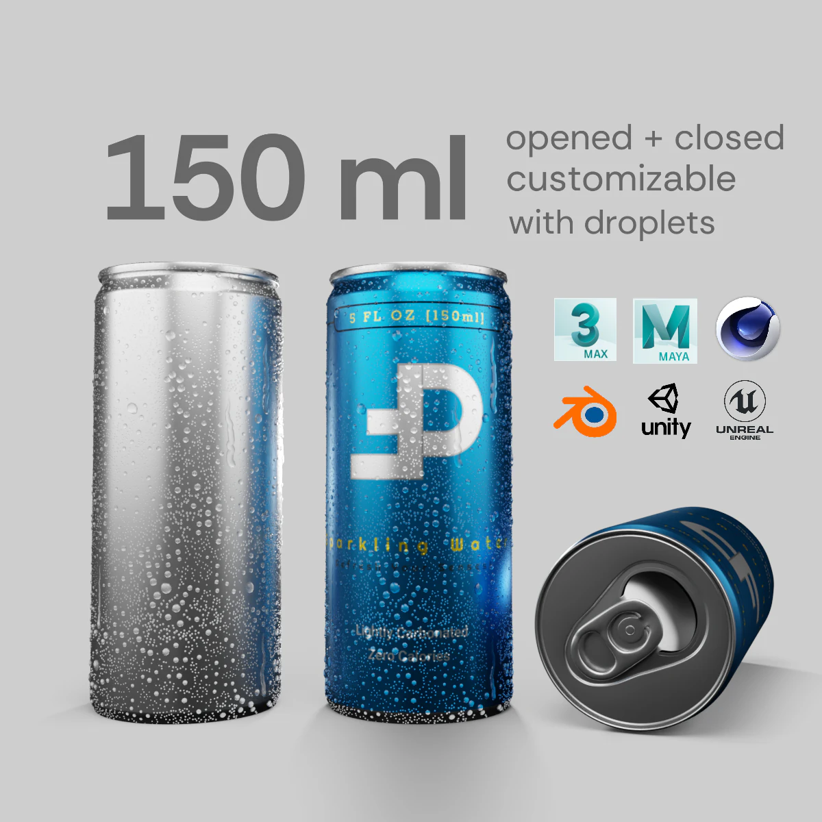 Slim 150ml Beverage Can Open and Closed Tabs with Droplets 3D Model .c4d .max .obj .3ds .fbx .stl .blend 