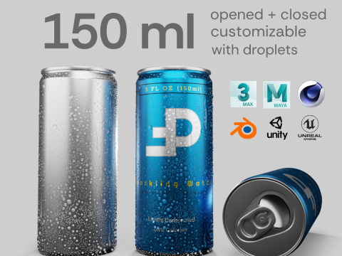 Slim 150ml Beverage Can Open and Closed Tabs with Droplets 3D Модель