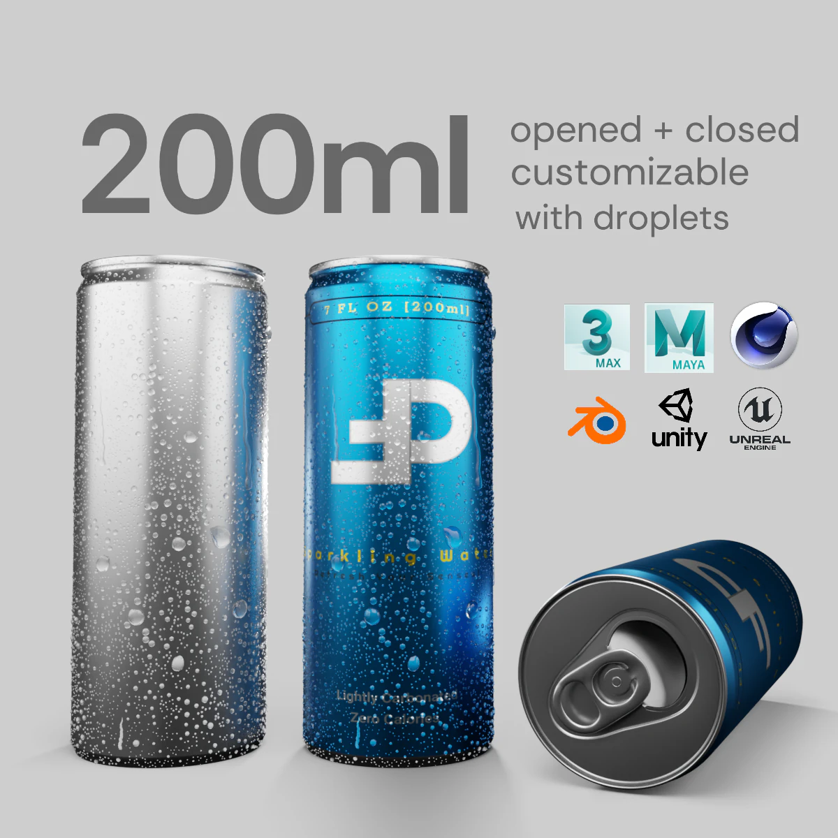 Slim 200ml Beverage Can Open and Closed Tabs with Droplets 3D Model .c4d .max .obj .3ds .fbx .stl .blend 